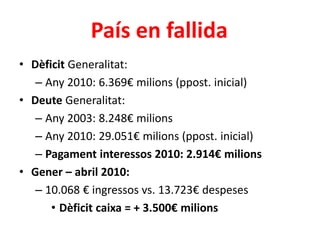 • Dèficit Generalitat:
– Any 2010: 6.369€ milions (ppost. inicial)
• Deute Generalitat:
– Any 2003: 8.248€ milions
– Any 2...