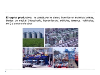 El capital productivo: lo constituyen el dinero invertido en materias primas,
bienes de capital (maquinaria, herramientas, edificios, terrenos, vehículos,
etc.) y la mano de obra.
 