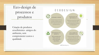 Eco-design de
processos e
produtos
Criação de produtos
ecoeficientes- amigos do
ambiente, sem
comprometer custos e
qualidade
 