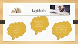 Legislação
Plano de Ação para
a Economia
Circular em
Portugal
Diretrizes da
OCDE para as
Empresas
Multinacionais
Relatório da
Comissão Europeia
sobre a aplicação do
Plano de Acção da
Economia Circular
 