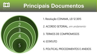 Principais Documentos
1
2
3
4
5
1. Resolução CONAMA, LEI 12.3015
2. ACORDO SETORIAL, em andamento
3. TERMOS DE COMPROMISSOS
4. ESTATUTO
5. POLITICAS, PROCEDIMENTOS E ANEXOS
 