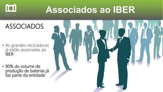 ASSOCIADOS
• As grandes recicladoras
já estão associadas ao
IBER
• 90% do volume de
produção de baterias já
faz parte da entidade
Associados ao IBER
 