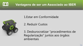 Vantagens de ser um Associado ao IBER
38
1.Estar em Conformidade
2. Reduzir Custos
3. Desburocratizar “procedimentos de
Regularização” juntos aos órgãos
ambientais
 