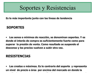 Soportes y Resistencias Es lo más importante junto con las líneas de tendencia SOPORTES Los senos o mínimos de reacción, se denominan soportes. Y es donde el interés de compra es suficientemente fuerte como para superar  la presión de venta. Como resultado se suspende el descenso y los precios vuelven a subir otra vez. RESISTENCIAS Las crestas o máximos. Es lo contrario del soporte  y representa un nivel  de precio o área  por encima del mercado en donde la presión de venta supera a la presión de compra y se hace retroceder el avance de los precios. 
