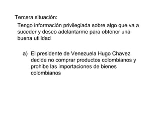 Tercera situación: Tengo información privilegiada sobre algo que va a suceder y deseo adelantarme para obtener una buena utilidad El presidente de Venezuela Hugo Chavez decide no comprar productos colombianos y prohibe las importaciones de bienes colombianos 
