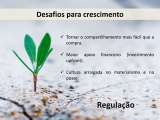  Tornar o compartilhamento mais fácil que a
compra.
 Maior apoio financeiro (investimento
upfront).
 Cultura arraigada no materialismo e na
posse.
Desafios para crescimento
Regulação
 