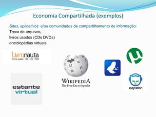 Economia Compartilhada (exemplos)
Sites, aplicativos e/ou comunidades de compartilhamento de informação:
Troca de arquivos,
livros usados (CDs DVDs)
enciclopédias virtuais.
 