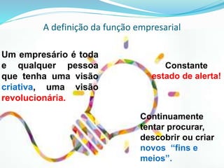 A definição da função empresarial
Um empresário é toda
e qualquer pessoa
que tenha uma visão
criativa, uma visão
revolucionária.
Continuamente
tentar procurar,
descobrir ou criar
novos “fins e
meios”.
Constante
estado de alerta!
 