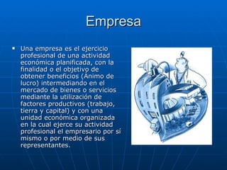 Empresa Una empresa es el ejercicio profesional de una actividad económica planificada, con la finalidad o el objetivo de obtener beneficios (Ánimo de lucro) intermediando en el mercado de bienes o servicios mediante la utilización de factores productivos (trabajo, tierra y capital) y con una unidad económica organizada en la cual ejerce su actividad profesional el empresario por sí mismo o por medio de sus representantes.   