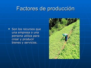 Factores de producción Son los recursos que una empresa o una persona utiliza para crear y producir bienes y servicios. 