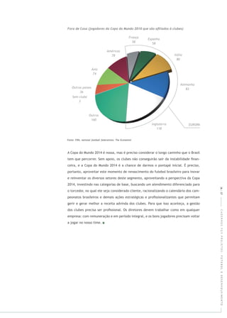 CADERNOSFGVPROJETOS:FUTEBOLEDESENVOLVIMENTO
A Copa do Mundo 2014 é nossa, mas é preciso considerar o longo caminho que o Brasil
tem que percorrer. Sem apoio, os clubes não conseguirão sair da instabilidade ﬁnan-
ceira, e a Copa do Mundo 2014 é a chance de darmos o pontapé inicial. É preciso,
portanto, aproveitar este momento de renascimento do futebol brasileiro para inovar
e reinventar os diversos setores deste segmento, aproveitando a perspectiva da Copa
2014, investindo nas categorias de base, buscando um atendimento diferenciado para
o torcedor, no qual ele seja considerado cliente, racionalizando o calendário dos cam-
peonatos brasileiros e demais ações estratégicas e proﬁssionalizantes que permitam
gerir e gerar melhor a receita advinda dos clubes. Para que isso aconteça, a gestão
dos clubes precisa ser proﬁssional. Os diretores devem trabalhar como em qualquer
empresa: com remuneração e em período integral, e os bons jogadores precisam voltar
a jogar no nosso time.
36|37
 