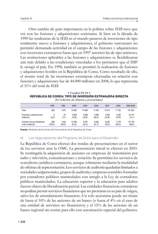 208
Capítulo IV Política económica internacional
Otro cambio de gran importancia en la política sobre IED tuvo que
ver con las fusiones y adquisiciones societarias. Si bien en la década de
1990 las tendencias de la IED en el mundo pasaron de inversiones de tipo
totalmente nuevo a fusiones y adquisiciones, el gobierno surcoreano no
permitió demasiada actividad en el campo de las fusiones y adquisiciones
con inversores extranjeros hasta que en 1997 autorizó las de tipo amistoso.
Las restricciones aplicables a las fusiones y adquisiciones se flexibilizaron
aún más debido a las condiciones vinculadas a los préstamos que el IMF
le otorgó al país. En 1998, también se permitió la realización de fusiones
y adquisiciones hostiles en la República de Corea. Como resultado de ello,
el monto total de las inversiones extranjeras efectuadas en relación con
fusiones y adquisiciones fue de 44.000 millones en 2008, lo que representa
el 31% del total de IED.
• Cuadro IV.19 •
REPÚBLICA DE COREA: TIPO DE INVERSIÓN EXTRANJERA DIRECTA
(En millones de dólares y porcentajes)
1990 1995 2000 2005 2006 2007 2008 1990-2008
Total 803 1 970 15 265 15 566 11 242 10 515 11 705 141 943
Fusiones y adquisiciones
(relación)
0
(0,0)
23
(1,1)
2 865
(18,8)
5 268
(45,6)
4 309
(38,3)
2 483
(23,6)
4 426
(37,8)
44 147
(31,1)
Inversión de tipo totalmente
nuevo (relación)
803
(100,0)
1 948
(98,9)
12 399
(81,2)
6 297
(54,4)
6 933
(61,7)
8 032
(76,4)
7 279
(62,2)
97 163
(68,5)
Fuente: Ministerio de Economía del Conocimiento de la República de Corea.
d) Las negociaciones del Programa de Doha para el Desarrollo
La República de Corea efectuó dos rondas de presentaciones en el sector
de los servicios ante la OMC. La presentación inicial se efectuó en 2003.
Se restringiría la adquisición de acciones en empresas de transmisión por
radio y televisión, comunicaciones y aviación. Se permitían los servicios de
consultores jurídicos extranjeros, aunque solamente mediante la modalidad
de oficinas de representación. Los servicios de auditoría quedarían limitados a
sociedades unipersonales, grupos de auditoría y empresas contables formadas
por contadores públicos matriculados con arreglo a la Ley de contadores
públicos matriculados. La educación superior y la educación para adultos
fueron objeto de liberalización parcial. Las entidades financieras extranjeras
no podían prestar servicios financieros que no prestaran en su país de origen,
salvo los de arrendamiento financiero. Un solo accionista puede ser titular
de hasta el 10% de las acciones de un banco (o hasta el 4% en el caso de
una entidad de servicios no financieros) y el 15% de las acciones de un
banco regional sin contar para ello con autorización especial del gobierno.
 