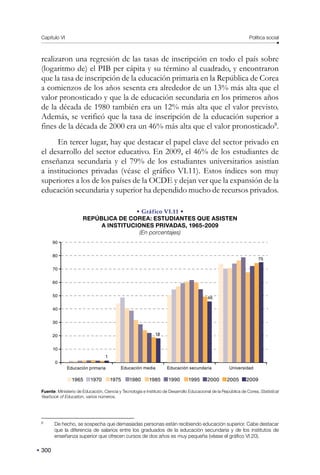 Capítulo VI Política social
300
realizaron una regresión de las tasas de inscripción en todo el país sobre
(logaritmo de) el PIB per cápita y su término al cuadrado, y encontraron
que la tasa de inscripción de la educación primaria en la República de Corea
a comienzos de los años sesenta era alrededor de un 13% más alta que el
valor pronosticado y que la de educación secundaria en los primeros años
de la década de 1980 también era un 12% más alta que el valor previsto.
Además, se verificó que la tasa de inscripción de la educación superior a
fines de la década de 2000 era un 46% más alta que el valor pronosticado8
.
En tercer lugar, hay que destacar el papel clave del sector privado en
el desarrollo del sector educativo. En 2009, el 46% de los estudiantes de
enseñanza secundaria y el 79% de los estudiantes universitarios asistían
a instituciones privadas (véase el gráfico VI.11). Estos índices son muy
superiores a los de los países de la OCDE y dejan ver que la expansión de la
educación secundaria y superior ha dependido mucho de recursos privados.
• Gráfico VI.11 •
REPÚBLICA DE COREA: ESTUDIANTES QUE ASISTEN
A INSTITUCIONES PRIVADAS, 1965-2009
(En porcentajes)
90
80
70
60
50
40
30
20
10
0
1965 1970 1975 1980 1985 1990 1995 2000 2005 2009
Educación primaria Educación media Educación secundaria Universidad
1
18
46
75
Fuente: Ministerio de Educación, Ciencia y Tecnología e Instituto de Desarrollo Educacional de la República de Corea, Statistical
Yearbook of Education, varios números.
8
De hecho, se sospecha que demasiadas personas están recibiendo educación superior. Cabe destacar
que la diferencia de salarios entre los graduados de la educación secundaria y de los institutos de
enseñanza superior que ofrecen cursos de dos años es muy pequeña (véase el gráfico VI.20).
 