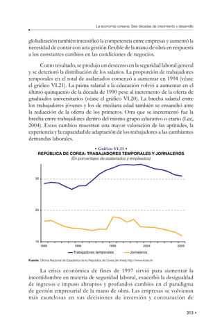 313
La economía coreana: Seis décadas de crecimiento y desarrollo
globalización también intensificó la competencia entre empresas y aumentó la
necesidad de contar con una gestión flexible de la mano de obra en respuesta
a los constantes cambios en las condiciones de negocios.
Como resultado, se produjo un descenso en la seguridad laboral general
y se deterioró la distribución de los salarios. La proporción de trabajadores
temporales en el total de asalariados comenzó a aumentar en 1994 (véase
el gráfico VI.21). La prima salarial a la educación volvió a aumentar en el
último quinquenio de la década de 1990 pese al incremento de la oferta de
graduados universitarios (véase el gráfico VI.20). La brecha salarial entre
los trabajadores jóvenes y los de mediana edad también se ensanchó ante
la reducción de la oferta de los primeros. Otra que se incrementó fue la
brecha entre trabajadores dentro del mismo grupo educativo o etario (Lee,
2004). Estos cambios muestran una mayor valoración de las aptitudes, la
experiencia y la capacidad de adaptación de los trabajadores a las cambiantes
demandas laborales.
• Gráfico VI.21 •
REPÚBLICA DE COREA: TRABAJADORES TEMPORALES Y JORNALEROS
(En porcentajes de asalariados y empleados)
30
20
10
1989 1994 1999 2004 2009
Trabajadores temporales Jornaleros
Fuente: Oficina Nacional de Estadística de la República de Corea [en línea] http://www.kosis.kr.
La crisis económica de fines de 1997 sirvió para aumentar la
incertidumbre en materia de seguridad laboral, exacerbó la desigualdad
de ingresos e impuso abruptos y profundos cambios en el paradigma
de gestión empresarial de la mano de obra. Las empresas se volvieron
más cautelosas en sus decisiones de inversión y contratación de
 