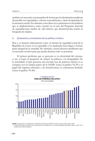 Capítulo VI Política social
344
también era necesario estructurarlos de forma que los destinatarios pudieran
desarrollar sus capacidades, volverse autosuficientes y dejar de depender de
la asistencia estatal. No obstante, estas ideas no se plasmaron en las políticas
que se implementaron, como ocurrió en el caso del Programa nacional
de seguridad para medios de vida básicos, que desincentivaba mucho la
búsqueda de empleo.
3. Evaluación y orientación de la política a futuro
Pese a su historia relativamente corta, el sistema de seguridad social de la
República de Corea se ha expandido y ha madurado hasta llegar a formar
parte integral de la sociedad. No obstante, existen diversos problemas que
es necesario resolver para que pueda alcanzar todo su potencial.
El primer problema que se presenta es la efectividad del sistema,
o sea, si logra el propósito de reducir la pobreza y la desigualdad. En
la actualidad, el país presenta una elevada tasa de pobreza relativa si se
compara con los demás países de la OCDE (véase el gráfico VI.39) y el
papel del régimen tributario y de transferencias es sumamente limitado
(véase el gráfico VI.40).
• Gráfico VI.39 •
TASA DE POBREZA RELATIVA a
(En porcentajes)
20
15
10
5
0
Dinamarca
Suecia
Rep.
Checa
Austria
Noruega
Islandia
Francia
Hungría
Finlandia
Países
Bajos
Luxemburgo
Rep.
Eslovaca
Reino
Unido
Suiza
Bélgica
Nueva
Zelandia
Alemania
Italia
Canadá
Australia
Grecia
Portugal
España
Rep.
de
Corea
Polonia
Irlanda
Japón
Estados
Unidos
Turquía
México
Fuente: Organización de Cooperación y Desarrollo Económicos (OCDE), Economic Survey: Korea, París, 2008.
a
La tasa de pobreza se define como la proporción de individuos con una renta disponible equivalente inferior al 50% de la
mediana para toda la población.
 