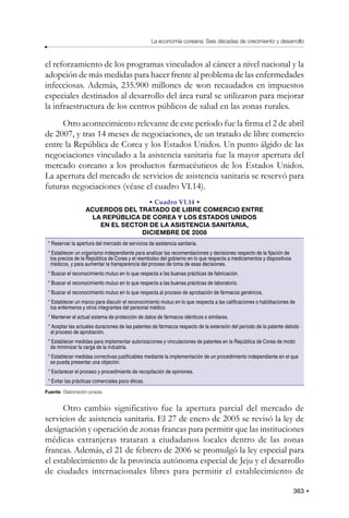 363
La economía coreana: Seis décadas de crecimiento y desarrollo
el reforzamiento de los programas vinculados al cáncer a nivel nacional y la
adopción de más medidas para hacer frente al problema de las enfermedades
infecciosas. Además, 235.900 millones de won recaudados en impuestos
especiales destinados al desarrollo del área rural se utilizaron para mejorar
la infraestructura de los centros públicos de salud en las zonas rurales.
Otro acontecimiento relevante de este período fue la firma el 2 de abril
de 2007, y tras 14 meses de negociaciones, de un tratado de libre comercio
entre la República de Corea y los Estados Unidos. Un punto álgido de las
negociaciones vinculado a la asistencia sanitaria fue la mayor apertura del
mercado coreano a los productos farmacéuticos de los Estados Unidos.
La apertura del mercado de servicios de asistencia sanitaria se reservó para
futuras negociaciones (véase el cuadro VI.14).
• Cuadro VI.14 •
ACUERDOS DEL TRATADO DE LIBRE COMERCIO ENTRE
LA REPÚBLICA DE COREA Y LOS ESTADOS UNIDOS
EN EL SECTOR DE LA ASISTENCIA SANITARIA,
DICIEMBRE DE 2008
* Reservar la apertura del mercado de servicios de asistencia sanitaria.
* Establecer un organismo independiente para analizar las recomendaciones y decisiones respecto de la fijación de
los precios de la República de Corea y el reembolso del gobierno en lo que respecta a medicamentos y dispositivos
médicos, y para aumentar la transparencia del proceso de toma de esas decisiones.
* Buscar el reconocimiento mutuo en lo que respecta a las buenas prácticas de fabricación.
* Buscar el reconocimiento mutuo en lo que respecta a las buenas prácticas de laboratorio.
* Buscar el reconocimiento mutuo en lo que respecta al proceso de aprobación de fármacos genéricos.
* Establecer un marco para discutir el reconocimiento mutuo en lo que respecta a las calificaciones o habilitaciones de
los enfermeros y otros integrantes del personal médico.
* Mantener el actual sistema de protección de datos de fármacos idénticos o similares.
* Aceptar las actuales duraciones de las patentes de fármacos respecto de la extensión del período de la patente debido
al proceso de aprobación.
* Establecer medidas para implementar autorizaciones y vinculaciones de patentes en la República de Corea de modo
de minimizar la carga de la industria.
* Establecer medidas correctivas justificables mediante la implementación de un procedimiento independiente en el que
se pueda presentar una objeción.
* Esclarecer el proceso y procedimiento de recopilación de opiniones.
* Evitar las prácticas comerciales poco éticas.
Fuente: Elaboración propia.
Otro cambio significativo fue la apertura parcial del mercado de
servicios de asistencia sanitaria. El 27 de enero de 2005 se revisó la ley de
designación y operación de zonas francas para permitir que las instituciones
médicas extranjeras trataran a ciudadanos locales dentro de las zonas
francas. Además, el 21 de febrero de 2006 se promulgó la ley especial para
el establecimiento de la provincia autónoma especial de Jeju y el desarrollo
de ciudades internacionales libres para permitir el establecimiento de
 