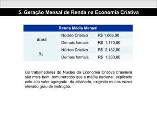 Os trabalhadores do Núcleo da Economia Criativa brasileira são mais bem  remunerados que a média nacional, explicado pelo alto valor agregado  da atividade, exigindo muitas vezes elevado grau de instrução. 5. Geração Mensal de Renda na Economia Criativa Renda Média Mensal Brasil Núcleo Criativo  R$ 1.666,00 Demais formais R$  1.170,00 RJ  Núcleo Criativo  R$  2.182,00 Demais formais R$  1.330,00 