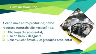 Bem de Consumo
A cada novo carro produzido, novos
recursos naturais são necessários.
❏ Alto impacto ambiental;
❏ Uso do Bem = Desgaste;
❏ Desenv. Econômico = Degradação Ambiental
 