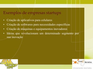 Exemplos de empresas startups
•
•
•
•

Criação de aplicativos para celulares
Criação de softwares para necessidades específicas
Criação de máquinas e equipamentos inovadores
Ideias que revolucionam um determinado segmento por
sua inovação

 