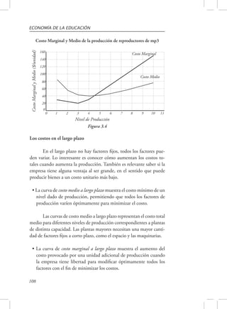 ECONOMÍA DE LA EDUCACIÓN 
Costo Marginal y Medio de la producción de reproductores de mp3 
108 
Nivel de Producción 
160 
140 
120 
100 
80 
60 
40 
0 
Costo Marginal 
Figura 3.4 
Costo Medio 
20 
0 1 2 3 4 5 6 7 8 9 10 11 
Costo Marginal y Medio ($/unidad) 
Los costos en el largo plazo 
En el largo plazo no hay factores fijos, todos los factores pue-den 
variar. Lo interesante es conocer cómo aumentan los costos to-tales 
cuando aumenta la producción. También es relevante saber si la 
empresa tiene alguna ventaja al ser grande, en el sentido que puede 
producir bienes a un costo unitario más bajo. 
• La curva de costo medio a largo plazo muestra el costo mínimo de un 
nivel dado de producción, permitiendo que todos los factores de 
producción varíen óptimamente para minimizar el costo. 
Las curvas de costo medio a largo plazo representan el costo total 
medio para diferentes niveles de producción correspondientes a plantas 
de distinta capacidad. Las plantas mayores necesitan una mayor canti-dad 
de factores fijos a corto plazo, como el espacio y las maquinarias. 
• La curva de costo marginal a largo plazo muestra el aumento del 
costo provocado por una unidad adicional de producción cuando 
la empresa tiene libertad para modificar óptimamente todos los 
factores con el fin de minimizar los costos. 
 
