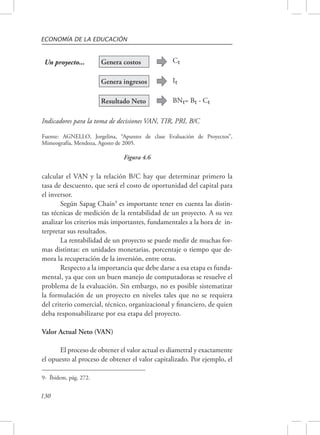 ECONOMÍA DE LA EDUCACIÓN 
Un proyecto... 
Genera costos Ct 
Genera ingresos It 
Resultado Neto BNt= Bt - Ct 
Indicadores para la toma de decisiones VAN, TIR, PRI, B/C 
Fuente: AGNELLO, Jorgelina, “Apuntes de clase Evaluación de Proyectos”, 
Mimeografía, Mendoza, Agosto de 2005. 
Figura 4.6 
calcular el VAN y la relación B/C hay que determinar primero la 
tasa de descuento, que será el costo de oportunidad del capital para 
el inversor. 
130 
Según Sapag Chaín9 es importante tener en cuenta las distin-tas 
técnicas de medición de la rentabilidad de un proyecto. A su vez 
analizar los criterios más importantes, fundamentales a la hora de in-terpretar 
sus resultados. 
La rentabilidad de un proyecto se puede medir de muchas for-mas 
distintas: en unidades monetarias, porcentaje o tiempo que de-mora 
la recuperación de la inversión, entre otras. 
Respecto a la importancia que debe darse a esa etapa es funda-mental, 
ya que con un buen manejo de computadoras se resuelve el 
problema de la evaluación. Sin embargo, no es posible sistematizar 
la formulación de un proyecto en niveles tales que no se requiera 
del criterio comercial, técnico, organizacional y financiero, de quien 
deba responsabilizarse por esa etapa del proyecto. 
Valor Actual Neto (VAN) 
El proceso de obtener el valor actual es diametral y exactamente 
el opuesto al proceso de obtener el valor capitalizado. Por ejemplo, el 
9- Íbidem, pág. 272. 
 