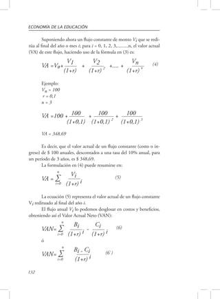 ECONOMÍA DE LA EDUCACIÓN 
132 
Suponiendo ahora un flujo constante de monto Vi que se redi-túa 
al final del año o mes i; para i = 0, 1, 2, 3,.........n, el valor actual 
(VA) de este flujo, haciendo uso de la fórmula en (3) es: 
VA =Vo+ V1 + V2 +.... + Vn (4) 
(1+r) (1+r) 2 (1+r) n 
Ejemplo: 
Vn = 100 
r = 0,1 
n = 3 
VA =100 + 100 + 100 + 100 
(1+0,1) 
(1+0,1) 
2 (1+0,1) 
3 
VA = 348,69 
Es decir, que el valor actual de un flujo constante (costo o in-greso) 
de $ 100 anuales, descontados a una tasa del 10% anual, para 
un período de 3 años, es $ 348,69. 
La formulación en (4) puede resumirse en: 
n 
VA = Σ Vi (5) 
i=0 (1+r) i 
La ecuación (5) representa el valor actual de un flujo constante 
Vi redituado al final del año i. 
El flujo anual Vi lo podemos desglosar en costos y beneficios, 
obteniendo así el Valor Actual Neto (VAN): 
n 
VAN= Σ Bi - Ci (6) 
i=0 (1+r) i (1+r) i 
ó n 
VAN= Σ Bi - Ci (6`) 
i=0 (1+r) i 
 