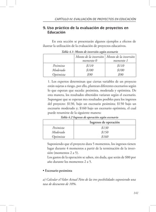 CAPÍTULO IV: EVALUACIÓN DE PROYECTOS EN EDUCACIÓN 
141 
9. Uso práctico de la evaluación de proyectos en 
Educación 
En esta sección se presentarán algunos ejemplos a efectos de 
ilustrar la utilización de la evaluación de proyectos educativos. 
Tabla 4.1: Monto de inversión según escenario 
Monto de la inversión 
momento 0 
Monto de la inversión 
momento 1 
Pesimista 
Moderado 
Optimista 
$110 
$100 
$90 
$110 
$100 
$90 
1. Los expertos determinan que ciertas variables de un proyecto 
están sujetas a riesgo, por ello, plantean diferentes escenarios según 
lo que esperan que suceda: pesimista, moderada y optimista. De 
esta manera, los resultados obtenidos variaran según el escenario. 
Supongase que se esperan tres resultados posibles para los ingresos 
del proyecto: $130, bajo un escenario pesimista; $150 bajo un 
escenario moderado y; $160 bajo un escenario optimista, el cual 
puede resumirse de la siguiente manera: 
Tabla 4.2 Ingresos de operación según escenario 
Ingresos de operación 
Pesimista 
Moderado 
Optimista 
$130 
$150 
$160 
Suponiendo que el proyecto dura 5 momentos, los ingresos tienen 
lugar durante 4 momentos a partir de la terminación de la inver-sión 
(momentos 2 a 5). 
Los gastos de la operación se saben, sin duda, que serán de $80 por 
año durante los momentos 2 a 5. 
• Escenario pesimista 
a) Calcular el Valor Actual Neto de las tres posibilidades suponiendo una 
tasa de descuento de 10%. 
 