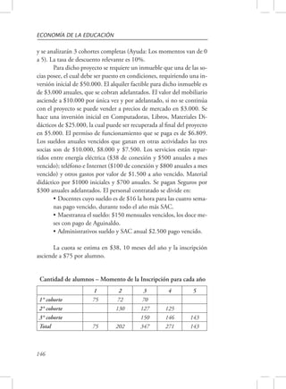 ECONOMÍA DE LA EDUCACIÓN 
y se analizarán 3 cohortes completas (Ayuda: Los momentos van de 0 
a 5). La tasa de descuento relevante es 10%. 
Cantidad de alumnos – Momento de la Inscripción para cada año 
146 
Para dicho proyecto se requiere un inmueble que una de las so-cias 
posee, el cual debe ser puesto en condiciones, requiriendo una in-versión 
inicial de $50.000. El alquiler factible para dicho inmueble es 
de $3.000 anuales, que se cobran adelantados. El valor del mobiliario 
asciende a $10.000 por única vez y por adelantado, si no se continúa 
con el proyecto se puede vender a precios de mercado en $3.000. Se 
hace una inversión inicial en Computadoras, Libros, Materiales Di-dácticos 
de $25.000, la cual puede ser recuperada al final del proyecto 
en $5.000. El permiso de funcionamiento que se paga es de $6.809. 
Los sueldos anuales vencidos que ganan en otras actividades las tres 
socias son de $10.000, $8.000 y $7.500. Los servicios están repar-tidos 
entre energía eléctrica ($38 de conexión y $500 anuales a mes 
vencido); teléfono e Internet ($100 de conexión y $800 anuales a mes 
vencido) y otros gastos por valor de $1.500 a año vencido. Material 
didáctico por $1000 iniciales y $700 anuales. Se pagan Seguros por 
$300 anuales adelantados. El personal contratado se divide en: 
• Docentes cuyo sueldo es de $16 la hora para las cuatro sema-nas 
pago vencido, durante todo el año más SAC. 
• Maestranza el sueldo: $150 mensuales vencidos, los doce me-ses 
con pago de Aguinaldo. 
• Administrativos sueldo y SAC anual $2.500 pago vencido. 
La cuota se estima en $38, 10 meses del año y la inscripción 
asciende a $75 por alumno. 
1 2 3 4 5 
1° cohorte 75 72 70 
2° cohorte 130 127 125 
3° cohorte 150 146 143 
Total 75 202 347 271 143 
 
