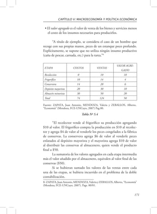 CAPÍTULO V: MACROECONOMÍA Y POLÍTICA ECONÓMICA 
• El valor agregado es el valor de venta de los bienes y servicios menos 
el costo de los insumos necesarios para producirlos. 
“A título de ejemplo, se considera el caso de un hombre que 
recoge con sus propias manos, peces de un estanque poco profundo. 
Explícitamente, se supone que no utiliza ningún insumo productivo 
(caña de pescar, carnada, etc.) para la tarea.”8 
171 
ETAPA COSTOS VENTAS 
VALOR AGRE-GADO 
Recolección 0 10 10 
Frigorífico 10 14 4 
Conservera 14 20 6 
Depósito mayorista 20 30 10 
Almacén minorista 30 50 20 
Total 74 124 50 
Fuente: ZAPATA, Juan Antonio, MENDOZA, Valeria y ZEBALLOS, Alberto, 
“Economía” (Mendoza, FCE-UNCuyo, 2007) Pag.80. 
Tabla Nº 5.4 
“El recolector vende al frigorífico su producción agregando 
$10 al valor. El frigorífico compra la producción en $10 al recolec-tor 
y agrega $4 de valor al venderle los peces congelados a la fábrica 
de conservas. La conservera agrega $6 de valor al venderle peces 
enlatados al depósito mayorista y el mayorista agrega $10 de valor 
al distribuir las conservas al almacenero, quien vende el producto 
final a $50. 
La sumatoria de los valores agregados en cada etapa intermedia 
más el valor añadido por el almacenero, equivalen al valor final de las 
conservas ($50). 
Si se hubieran sumado los valores de las ventas entre cada 
una de las etapas, se hubiera incurrido en el problema de la doble 
contabilización. 
8- ZAPATA, Juan Antonio, MENDOZA, Valeria y ZEBALLOS, Alberto, “Economía” 
(Mendoza, FCE-UNCuyo, 2007). Pags. 80/81. 
 