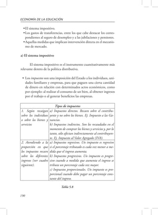 ECONOMÍA DE LA EDUCACIÓN 
• El sistema impositivo. 
• Los gastos de transferencias, entre los que cabe destacar los corres-pondientes 
190 
al seguro de desempleo y a las jubilaciones y pensiones. 
• Aquellas medidas que implican intervención directa en el mecanis-mo 
de mercado. 
a) El sistema impositivo 
El sistema impositivo es el instrumento cuantitativamente más 
relevante dentro de la política distributiva. 
• Los impuestos son una imposición del Estado a los individuos, uni-dades 
familiares y empresas, para que paguen una cierta cantidad 
de dinero en relación con determinados actos económicos, como 
por ejemplo: al realizar el consumo de un bien, al obtener ingresos 
por el trabajo o al generar beneficios las empresas. 
Tipos de impuestos 
1. Según recaigan 
sobre los individuos 
o sobre los bienes y 
servicios 
a) Impuestos directos. Recaen sobre el contribu-yente 
y no sobre los bienes. Ej. Impuesto a las Ga-nancias. 
b) Impuestos indirectos. Son los recaudados en el 
momento de comprar los bienes y servicios y, por lo 
tanto, sólo afectan indirectamente al contribuyen-te. 
Ej. Impuesto al Valor Agregado (IVA). 
2. Atendiendo a la 
proporción en que 
los impuestos recaen 
sobre los diferentes 
ingresos (ver cuadro 
siguiente). 
a) Impuestos regresivos. Un impuesto es regresivo 
si el porcentaje tributado es cada vez menor a me-dida 
que el ingreso aumenta. 
b) Impuestos progresivos. Un impuesto es progre-sivo 
cuando a medida que aumenta el ingreso se 
tributa un porcentaje cada vez mayor. 
c) Impuestos proporcionales. Un impuesto es pro-porcional 
cuando debe pagar un porcentaje cons-tante 
del ingreso. 
Tabla 5.8 
 