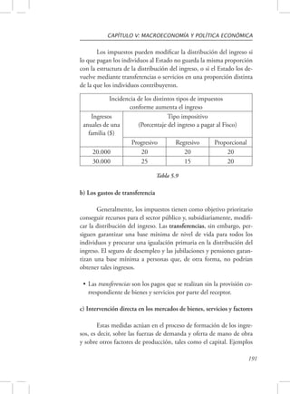 CAPÍTULO V: MACROECONOMÍA Y POLÍTICA ECONÓMICA 
Los impuestos pueden modificar la distribución del ingreso si 
lo que pagan los individuos al Estado no guarda la misma proporción 
con la estructura de la distribución del ingreso, o si el Estado los de-vuelve 
mediante transferencias o servicios en una proporción distinta 
191 
de la que los individuos contribuyeron. 
Incidencia de los distintos tipos de impuestos 
conforme aumenta el ingreso 
Ingresos 
anuales de una 
familia ($) 
Tipo impositivo 
(Porcentaje del ingreso a pagar al Fisco) 
Progresivo Regresivo Proporcional 
20.000 20 20 20 
30.000 25 15 20 
Tabla 5.9 
b) Los gastos de transferencia 
Generalmente, los impuestos tienen como objetivo prioritario 
conseguir recursos para el sector público y, subsidiariamente, modifi-car 
la distribución del ingreso. Las transferencias, sin embargo, per-siguen 
garantizar una base mínima de nivel de vida para todos los 
individuos y procurar una igualación primaria en la distribución del 
ingreso. El seguro de desempleo y las jubilaciones y pensiones garan-tizan 
una base mínima a personas que, de otra forma, no podrían 
obtener tales ingresos. 
• Las transferencias son los pagos que se realizan sin la provisión co-rrespondiente 
de bienes y servicios por parte del receptor. 
c) Intervención directa en los mercados de bienes, servicios y factores 
Estas medidas actúan en el proceso de formación de los ingre-sos, 
es decir, sobre las fuerzas de demanda y oferta de mano de obra 
y sobre otros factores de producción, tales como el capital. Ejemplos 
 