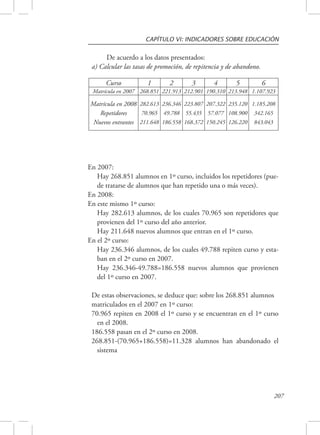 CAPÍTULO VI: INDICADORES SOBRE EDUCACIÓN 
207 
De acuerdo a los datos presentados: 
a) Calcular las tasas de promoción, de repitencia y de abandono. 
Curso 1 2 3 4 5 6 
Matrícula en 2007 268.851 221.913 212.901 190.310 213.948 1.107.923 
Matrícula en 2008 
Repetidores 
Nuevos entrantes 
282.613 
70.965 
211.648 
236.346 
49.788 
186.558 
223.807 
55.435 
168.372 
207.322 
57.077 
150.245 
235.120 
108.900 
126.220 
1.185.208 
342.165 
843.043 
En 2007: 
Hay 268.851 alumnos en 1º curso, incluidos los repetidores (pue-de 
tratarse de alumnos que han repetido una o más veces). 
En 2008: 
En este mismo 1º curso: 
Hay 282.613 alumnos, de los cuales 70.965 son repetidores que 
provienen del 1º curso del año anterior. 
Hay 211.648 nuevos alumnos que entran en el 1º curso. 
En el 2º curso: 
Hay 236.346 alumnos, de los cuales 49.788 repiten curso y esta-ban 
en el 2º curso en 2007. 
Hay 236.346-49.788=186.558 nuevos alumnos que provienen 
del 1º curso en 2007. 
De estas observaciones, se deduce que: sobre los 268.851 alumnos 
matriculados en el 2007 en 1º curso: 
70.965 repiten en 2008 el 1º curso y se encuentran en el 1º curso 
en el 2008. 
186.558 pasan en el 2º curso en 2008. 
268.851-(70.965+186.558)=11.328 alumnos han abandonado el 
sistema 
 