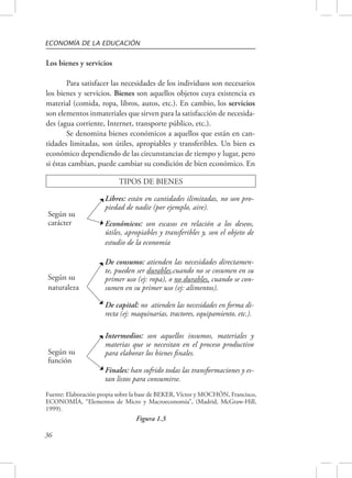 ECONOMÍA DE LA EDUCACIÓN 
Los bienes y servicios 
Fuente: Elaboración propia sobre la base de BEKER, Víctor y MOCHÓN, Francisco, 
ECONOMÍA, “Elementos de Micro y Macroeconomía”, (Madrid, McGraw-Hill, 
1999). 
36 
Para satisfacer las necesidades de los individuos son necesarios 
los bienes y servicios. Bienes son aquellos objetos cuya existencia es 
material (comida, ropa, libros, autos, etc.). En cambio, los servicios 
son elementos inmateriales que sirven para la satisfacción de necesida-des 
(agua corriente, Internet, transporte público, etc.). 
Se denomina bienes económicos a aquellos que están en can-tidades 
limitadas, son útiles, apropiables y transferibles. Un bien es 
económico dependiendo de las circunstancias de tiempo y lugar, pero 
si éstas cambian, puede cambiar su condición de bien económico. En 
TIPOS DE BIENES 
Según su 
carácter 
Libres: están en cantidades ilimitadas, no son pro-piedad 
de nadie (por ejemplo, aire). 
Económicos: son escasos en relación a los deseos, 
útiles, apropiables y transferibles y, son el objeto de 
estudio de la economía 
De consumo: atienden las necesidades directamen-te, 
pueden ser durables,cuando no se cosumen en su 
primer uso (ej: ropa), o no durables, cuando se con-sumen 
en su primer uso (ej: alimentos). 
De capital: no atienden las necesidades en forma di-recta 
(ej: maquinarias, tractores, equipamiento, etc.). 
Según su 
naturaleza 
Intermedios: son aquellos insumos, materiales y 
materias que se necesitan en el proceso productivo 
para elaborar los bienes finales. 
Finales: han sufrido todas las transformaciones y es-tan 
listos para consumirse. 
Según su 
función 
Figura 1.3 
 
