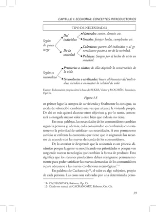 CAPITULO I: ECONOMÍA: CONCEPTOS INTRODUCTORIOS 
TIPO DE NECESIDADES 
Naturales: comer, dormir, etc. 
Sociales: festejar bodas, cumpleaños etc. 
Colectivas: parten del individuo y al ge-neralizarse 
pasan a ser de la sociedad. 
Públicas: Surgen por el hecho de vivir en 
sociedad. 
Del 
individuo 
De la 
sociedad 
Primarias o vitales: de ellas depende la conservación de 
la vida 
Secundarias o civilizadas: hacen al bienestar del indivi-duo, 
tienden a aumentar la calidad de vida 
Según 
de quien 
surge 
Según su 
naturaleza 
Fuente: Elaboración propia sobre la base de BEKER, Víctor y MOCHÓN, Francisco, 
Op Cit. 
Figura 1.5 
en primer lugar la compra de su vivienda y finalmente lo consigue, su 
escala de valoración cambiará una vez que alcance la vivienda propia. 
De ahí en más querrá alcanzar otros objetivos y, por lo tanto, comen-zará 
a otorgarle mayor valor a otro bien que todavía no tiene. 
En otras palabras, las necesidades de los consumidores cambian 
según la persona y, además, cada consumidor va cambiando constan-temente 
la prioridad de satisfacer sus necesidades. A este permanente 
cambio se enfrenta la economía que tiene que ir asignando los recur-sos 
de acuerdo con las nuevas demanda de los consumidores. 
De lo anterior se desprende que la economía es un proceso di-námico 
porque la gente va modificando sus prioridades o porque ven 
surgiendo nuevas tecnologías que cambian la forma de producir. Esto 
significa que los recursos productivos deben reasignarse permanente-mente 
para poder satisfacer las nuevas demandas de los consumidores 
39 
o para adecuarse a las nuevas condiciones tecnológicas.”11 
En palabras de Cachanosky12, el valor es algo subjetivo, propio 
de cada persona. Las cosas son valoradas por una determinada perso- 
11- CACHANOSKY, Roberto, Op. Cit. 
12- Citado no textual de CACHANOSKY, Roberto, Op. Cit. 
 