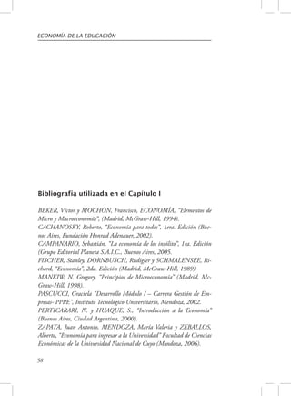 ECONOMÍA DE LA EDUCACIÓN 
Bibliografía utilizada en el Capítulo I 
BEKER, Víctor y MOCHÓN, Francisco, ECONOMÍA, “Elementos de 
Micro y Macroeconomía”, (Madrid, McGraw-Hill, 1994). 
CACHANOSKY, Roberto, “Economía para todos”, 1era. Edición (Bue-nos 
58 
Aires, Fundación Honrad Adenauer, 2002). 
CAMPANARIO, Sebastián, “La economía de los insólito”, 1ra. Edición 
(Grupo Editorial Planeta S.A.I.C., Buenos Aires, 2005. 
FISCHER, Stanley, DORNBUSCH, Rudigier y SCHMALENSEE, Ri-chard, 
“Economía”, 2da. Edición (Madrid, McGraw-Hill, 1989). 
MANKIW, N. Gregory, “Principios de Microeconomía” (Madrid, Mc- 
Graw-Hill, 1998). 
PASCUCCI, Graciela “Desarrollo Módulo I – Carrera Gestión de Em-presas- 
PPPE”, Instituto Tecnológico Universitario, Mendoza, 2002. 
PERTICARARI, N. y HUAQUE, S., “Introducción a la Economía” 
(Buenos Aires, Ciudad Argentina, 2000). 
ZAPATA, Juan Antonio, MENDOZA, María Valeria y ZEBALLOS, 
Alberto, “Economía para ingresar a la Universidad” Facultad de Ciencias 
Económicas de la Universidad Nacional de Cuyo (Mendoza, 2006). 
 