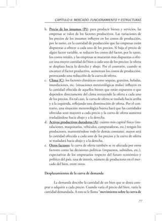 CAPÍTULO II: MERCADO: FUNCIONAMIENTO Y ESTRUCTURAS 
b. Precio de los insumos (Pi): para producir bienes y servicios, las 
empresas se valen de los factores productivos. Las variaciones de 
los precios de los insumos influyen en los costos de producción, 
por lo tanto, en la cantidad de producción que las empresas están 
dispuestas a ofrecer a cada uno de los precios. Si baja el precio de 
algún factor variable, se reducen los costos del factor, por lo tanto, 
los costos totales, y las empresas se muestran más dispuestas a ofre-cer 
una mayor cantidad del bien a cada uno de los precios: la oferta 
se desplaza hacia la derecha y abajo. Por el contrario, cuando se 
encarece el factor productivo, aumentan los costos de producción, 
provocando una reducción de la curva de oferta. 
c. Clima (C): los factores climáticos como sequías, granizos, heladas, 
inundaciones, etc. (situaciones meteorológicas malas) influyen en 
la cantidad ofrecida de aquellos bienes que están expuestos o que 
dependen directamente del clima retrayendo la oferta a cada uno 
de los precios. En tal caso, la curva de oferta se traslada hacia arriba 
y a la izquierda, reflejando una disminución de oferta. Por el con-trario, 
una situación meteorológica buena hará que las cantidades 
ofrecidas sean mayores a cada precio y la curva de oferta aumenta 
trasladándose hacia abajo y a la derecha. 
d. Activos productivos duraderos (A): cuánto más capital físico (ins-talaciones, 
maquinarias, vehículos, computadoras, etc.) tengan los 
productores, manteniéndose todo lo demás constante, mayor será 
la cantidad ofrecida a cada uno de los precios y la curva de oferta 
se trasladará hacia abajo y a la derecha. 
e. Otros factores: la curva de oferta también se ve afectada por otros 
factores como las decisiones políticas (impuestos, subsidios, etc.), 
expectativas de los empresarios respecto del futuro económico y 
político del país, tasa de interés, número de productores en el mer-cado 
77 
del bien, entre otros. 
Desplazamientos de la curva de demanda 
La demanda describe la cantidad de un bien que se desea com-prar 
o adquirir a cada precio. Cuando varía el precio del bien, varía la 
cantidad demandada. A esto se le llama “movimiento sobre la curva de 
 