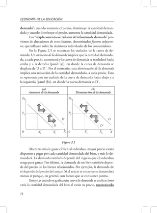 ECONOMÍA DE LA EDUCACIÓN 
demanda”: cuando aumenta el precio, disminuye la cantidad deman-dada 
78 
y cuando disminuye el precio, aumenta la cantidad demandada. 
Los “desplazamientos o traslados de la funcion de demanda” pro-vienen 
de alteraciones de otros factores, denominados factores subyacen-tes, 
que influyen sobre las decisiones individuales de los consumidores. 
En la Figura 2.5 se muestran los traslados de la curva de de-manda. 
Un aumento de la demanda implica que la cantidad demanda-da, 
a cada precio, aumentará y la curva de demanda se trasladará hacia 
arriba y a la derecha (panel (a)), en donde la curva de demanda se 
desplaza de D a D´. Por el contrario, una disminución de la demanda 
implica una reducción de la cantidad demandada, a cada precio. Esto 
se representa por un traslado de la curva de demanda hacia abajo y a 
la izquierda (panel (b)), en donde la nueva demanda es D´. 
(a) 
Aumento de la demanda 
(b) 
Disminución de la demanda 
D` 
Figura 2.5 
Px 
P0 
D 
0 X0 X1 X 
Px 
P0 
D` 
D 
0 X1 X0 X 
Mientras más le guste el bien al individuo, mayor precio estará 
dispuesto a pagar por cada cantidad demandada del bien, y más lo de-mandará. 
La demanda también depende del ingreso que el individuo 
tenga para gastar. Por último, la demanda de un bien también depen-de 
del precio de los bienes relacionados. Por ejemplo, la demanda de 
té depende del precio del azúcar. Si el azúcar se encarece se demandará 
menos té porque, en general, son bienes que se consumen juntos. 
Entonces cuando se grafica una curva de demanda se analiza cómo 
varía la cantidad demandada del bien al variar su precio, manteniendo 
 