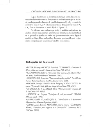 CAPÍTULO II: MERCADO: FUNCIONAMIENTO Y ESTRUCTURAS 
Si, por el contrario, la demanda disminuye, tanto el nuevo pre-cio 
como la nueva cantidad de equilibrio serán menores que al inicio. 
Al caer la demanda, el punto de equilibrio pasa de E0 a E1: el precio de 
equilibrio baja de P0 a P1 y la nueva cantidad de equilibrio pasa de X0 
a X1. Esto se observa en el panel (b) de la Figura 2.7. 
Por último, cabe aclarar que todo el análisis realizado es un 
análisis estático que compara un momento inicial y un momento final 
en el que se han producido todos los ajustes necesarios hasta llegar al 
equilibrio. Pero difiere del análisis dinámico que consideraría evolu-ciones 
83 
temporales en las distintas variables económicas. 
Bibliografía del Capítulo II 
• BEKER, Víctor y MOCHÓN, Francisco, “ECONOMÍA: Elementos de 
Micro y Macroeconomía” (Madrid, McGraw-Hill, 1994). 
• CACHANOSKY, Roberto, “Economía para todos”, 1era. Edición (Bue-nos 
Aires, Fundación Honrad Adenauer, 2002). 
• CAMPANARIO, Sebastián, “La economía de los insólito”, 1ra. Edición 
(Grupo Editorial Planeta S.A.I.C., Buenos Aires, 2005. 
• FISCHER, Stanley, DORNBUSCH, Rudgier y SCHMALENSEE, Ri-chard, 
“Economía”, 2da. Edición (Madrid, McGraw-Hill, 1989). 
• MADDALA, G. S. y MILLER, Ellen, “Microeconomía” (México, D. 
F., McGraw-Hill, 1991). 
• MANKIW, N. Gregory, “Principios de Microeconomía” (Madrid, 
McGraw-Hill, 1998). 
• PERTICARARI, N. y HUAQUE, S., “Introducción a la Economía” 
(Buenos Aires, Ciudad Argentina, 2000). 
• ZAPATA, Juan Antonio, MENDOZA, María Valeria y ZEBALLOS, 
Alberto, “Economía para ingresar a la Universidad” (Mendoza, FCE-UNCuyo, 
2006). 
 