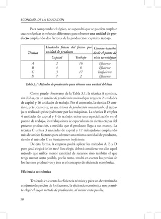ECONOMÍA DE LA EDUCACIÓN 
cuatro técnicas o métodos diferentes para obtener una unidad de pro-ducto 
90 
Para comprender el tópico, se supondrá que se pueden emplear 
empleando dos factores de la producción: capital y trabajo. 
Técnica 
Unidades físicas del factor por 
unidad de producto 
Caracterización 
desde el punto de 
Capital Trabajo vista tecnológico 
ABCD 
2437 
16 
8 
17 
2 
Eficiente 
Eficiente 
Ineficiente 
Eficiente 
Tabla 3.1: Métodos de producción para obtener una unidad del bien 
Como puede observarse de la Tabla 3.1, la técnica A consiste, 
sin dudas, en un sistema de producción manual que requiere 2 unidades 
de capital y 16 unidades de trabajo. Por el contrario, la técnica D con-siste, 
prácticamente, en un sistema de producción mecanizado: el traba-jo 
es realizado principalmente por las máquinas. La técnica B emplea 
4 unidades de capital y 8 de trabajo: existe una especialización en el 
puesto de trabajo, los trabajadores se especializan en ciertas etapas del 
proceso productivo, a medida que el producto llega a sus manos. La 
técnica C utiliza 3 unidades de capital y 17 trabajadores empleando 
más de ambos factores para obtener una misma cantidad de producto, 
siendo el método C es técnicamente ineficiente. 
De esta forma, la empresa podrá aplicar los métodos A, B y D 
pero ¿cuál elegirá de los tres? Para elegir, deberá considerar no sólo aquel 
método que utilice menor cantidad de recursos sino también el que 
tenga menor costo posible, por lo tanto, tendrá en cuenta los precios de 
los factores productivos y éste es el concepto de eficiencia económica. 
Eficiencia económica 
Teniendo en cuenta la eficiencia técnica y para un determinado 
conjunto de precios de los factores, la eficiencia económica nos permi-te 
elegir el mejor método de producción, al menor costo posible. 
 