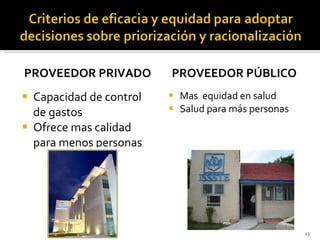 PROVEEDOR PRIVADO Capacidad de control de gastos Ofrece mas calidad para menos personas PROVEEDOR PÚBLICO Mas  equidad en salud Salud para más personas 
