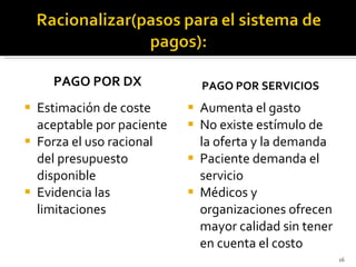 PAGO POR DX Estimación de coste aceptable por paciente Forza el uso racional del presupuesto disponible Evidencia las limitaciones PAGO POR SERVICIOS Aumenta el gasto No existe estímulo de la oferta y la demanda Paciente demanda el servicio Médicos y organizaciones ofrecen mayor calidad sin tener en cuenta el costo 
