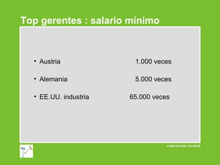 Top gerentes : salario mínimo

• Austria

1.000 veces

• Alemania

5.000 veces

• EE.UU. industria

65.000 veces

 