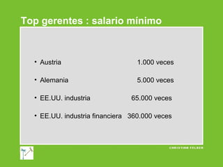 Top gerentes : salario mínimo

• Austria

1.000 veces

• Alemania

5.000 veces

• EE.UU. industria

65.000 veces

• EE.UU. industria financiera 360.000 veces

 