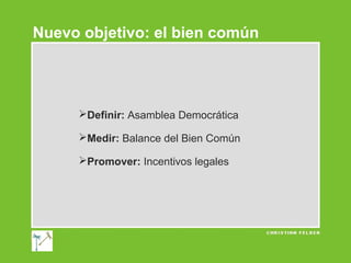 Nuevo objetivo: el bien común

Definir: Asamblea Democrática
Medir: Balance del Bien Común
Promover: Incentivos legales

 