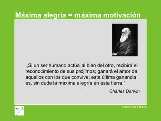 Máxima alegría = máxima motivación

„Si un ser humano actúa al bien del otro, recibirá el
reconocimiento de sus prójimos; ganará el amor de
aquellos con los que convive; esta última ganancia
es, sin duda la máxima alegría en esta tierra.“
Charles Darwin

 