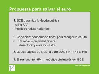 Propuesta para salvar el euro
1. BCE garantiza la deuda pública
- rating AAA
- interés se reduce hacia cero

2. Condición: cooperación fiscal para repagar la deuda
-

1% sobre la propiedad privada
- tasa Tobin y otros impuestos

3. Deuda pública de la zona euro 90% BIP → 45% PIB
4. El remanente 45% → créditos sin interés del BCE

 