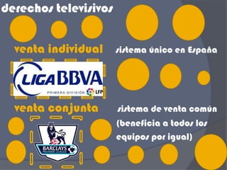 derechos televisivos


  venta individual     sistema único en España




  venta conjunta       sistema de venta común
                       (beneficia a todos los
                       equipos por igual)
 