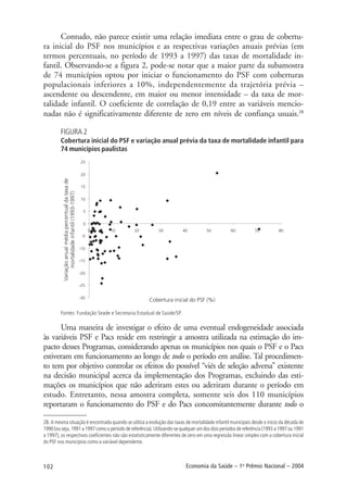 102 Economia da Saúde – 1o
Prêmio Nacional – 2004
28. A mesma situação é encontrada quando se utiliza a evolução das taxas de mortalidade infantil municipais desde o início da década de
1990 (ou seja, 1991 a 1997 como o período de referência). Utilizando-se qualquer um dos dois períodos de referência (1993 a 1997 ou 1991
a 1997), os respectivos coeficientes não são estatisticamente diferentes de zero em uma regressão linear simples com a cobertura inicial
do PSF nos municípios como a variável dependente.
Contudo, não parece existir uma relação imediata entre o grau de cobertu-
ra inicial do PSF nos municípios e as respectivas variações anuais prévias (em
termos percentuais, no período de 1993 a 1997) das taxas de mortalidade in-
fantil. Observando-se a figura 2, pode-se notar que a maior parte da subamostra
de 74 municípios optou por iniciar o funcionamento do PSF com coberturas
populacionais inferiores a 10%, independentemente da trajetória prévia –
ascendente ou descendente, em maior ou menor intensidade – da taxa de mor-
talidade infantil. O coeficiente de correlação de 0,19 entre as variáveis mencio-
nadas não é significativamente diferente de zero em níveis de confiança usuais.28
FIGURA 2
Cobertura inicial do PSF e variação anual prévia da taxa de mortalidade infantil para
74 municípios paulistas
Fontes: Fundação Seade e Secretaria Estadual de Saúde/SP.
Uma maneira de investigar o efeito de uma eventual endogeneidade associada
às variáveis PSF e Pacs reside em restringir a amostra utilizada na estimação do im-
pacto desses Programas, considerando apenas os municípios nos quais o PSF e o Pacs
estiveram em funcionamento ao longo de todo o período em análise. Tal procedimen-
to tem por objetivo controlar os efeitos do possível “viés de seleção adversa” existente
na decisão municipal acerca da implementação dos Programas, excluindo das esti-
mações os municípios que não aderiram estes ou aderiram durante o período em
estudo. Entretanto, nessa amostra completa, somente seis dos 110 municípios
reportaram o funcionamento do PSF e do Pacs concomitantemente durante todo o
 
