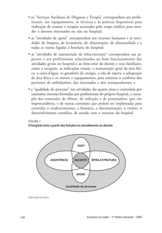 146 Economia da Saúde – 1o
Prêmio Nacional – 2004
• os “Serviços Auxiliares de Diagnose e Terapia” correspondem aos profis-
sionais, aos equipamentos, às técnicas e às práticas disponíveis para
realização de exames e terapias acionados pelo corpo médico para aten-
der a doentes internados ou não no hospital;
• as “atividades de apoio” correspondem aos recursos humanos e às ativi-
dades de limpeza, de lavanderia, de alimentação, de almoxarifado e a
todas as outras ligadas à hotelaria do hospital;
• as “atividades de manutenção da infra-estrutura” correspondem aos as-
pectos e aos profissionais relacionados ao bom funcionamento das
atividades gerais no hospital e ao bem-estar do doente e seus familiares,
como a recepção, as indicações visuais, a manutenção geral da área físi-
ca, a caixa-d’água, os geradores de energia, a sala de espera, a adequação
de área física e os móveis e equipamentos, para otimizar o conforto dos
pacientes de ambulatório, dos internados e dos acompanhantes; e
• a “qualidade do processo” nas atividades das quatro áreas é controlada por
comissões internas formadas por profissionais do próprio hospital, a exem-
plo das comissões de óbitos, de infecção e de prontuários, que são
imprescindíveis, e de outras comissões que podem ser implantadas para
controlar o credenciamento, a farmácia, a documentação, o ensino, o
desenvolvimento científico, de acordo com o interesse do hospital.
FIGURA 1
O hospital visto a partir das funções no atendimento ao doente
Elaboração da autora.
 