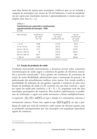 224 Economia da Saúde – 1o
Prêmio Nacional – 2004
essas duas formas de repasse para municípios, verifica-se que, ao ser excluída a
categoria de municípios com menos de 10 mil habitantes, o total de transferên-
cias per capita para municípios menores é aproximadamente o mesmo para mu-
nicípios mais ricos (t1
= t2
).
TABELA 1
Transferências per capita SUS e constitucionais,
segundo tamanho do município – 2000
(Em R$)
Hab./município Transferências Transferências Total de
per capita per capita transferências
SUS (a) Constitucionais (b) per capita
(a+b=c)
< 10 mil 16,86 515,54 532,4
10 mil a 50 mil 17,38 295,42 312,8
50 mil a 100 mil 27,77 248,16 275,93
100 mil a 300 mil 36 270,36 306,36
300 mil a 500 mil 46,37 240,03 286,4
> 500 mil 54,83 245,81 300,64
Fonte: Finanças do Brasil (Finbra)/Secretaria do Tesouro Nacional/Ministério da Fazenda.
3.2 Função de produção de saúde
Conforme mencionado anteriormente, a literatura recente sobre consórcios
intermunicipais de saúde sugere a existência de ganhos de eficiência associa-
dos à provisão consorciada.22
Esses ganhos são resultantes de economias de
escala, de maior flexibilidade administrativa para a contratação de pessoal e da
padronização dos procedimentos médicos, entre outros. Este estudo modela a
possibilidade de realização de tais ganhos, supondo a existência de uma nova
função de produção de saúde f (s,N) crescente em suas duas variáveis: s, gasto
per capita em saúde pelo consórcio, e N = N1
+ N2
, população total dos dois
municípios participantes do consórcio. Para resolver explicitamente os proble-
mas de otimização, a seguir será usada novamente a forma multiplicativamen-
te separável: ( ) ( )NsGNsf =, em que a função G é estritamente crescente e
estritamente côncava. Nesse caso, supõe-se que ( ) ( )NgNG ≥ , ou seja, a pro-
dução de saúde por meio de consórcio é pelo menos tão eficiente quanto seria
se produzido autarquicamente por um município com população equivalente
àquela do consórcio.
22. Ver Mendes (2001), Lima e Pastrana (2000) e Ribeiro e Costa (1999).
 